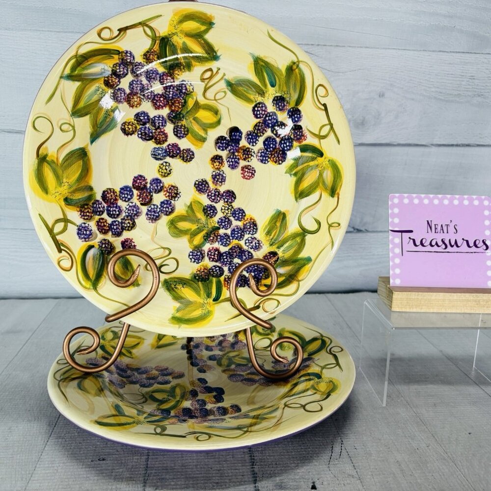 Tabletops VINTAGE WINE Purple Grapes Hand Crafted Ceramic Dinner Plates Set of 2